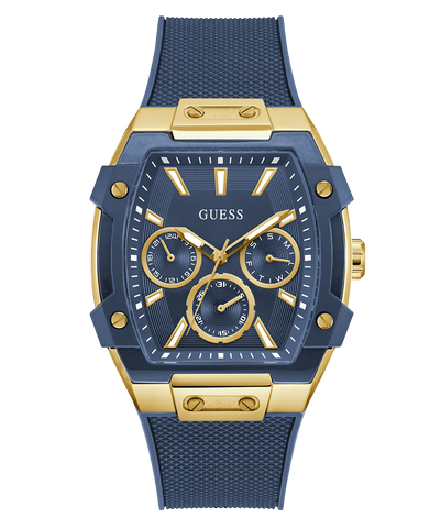 Blue and gold watch with 'Guess' branding on a white background