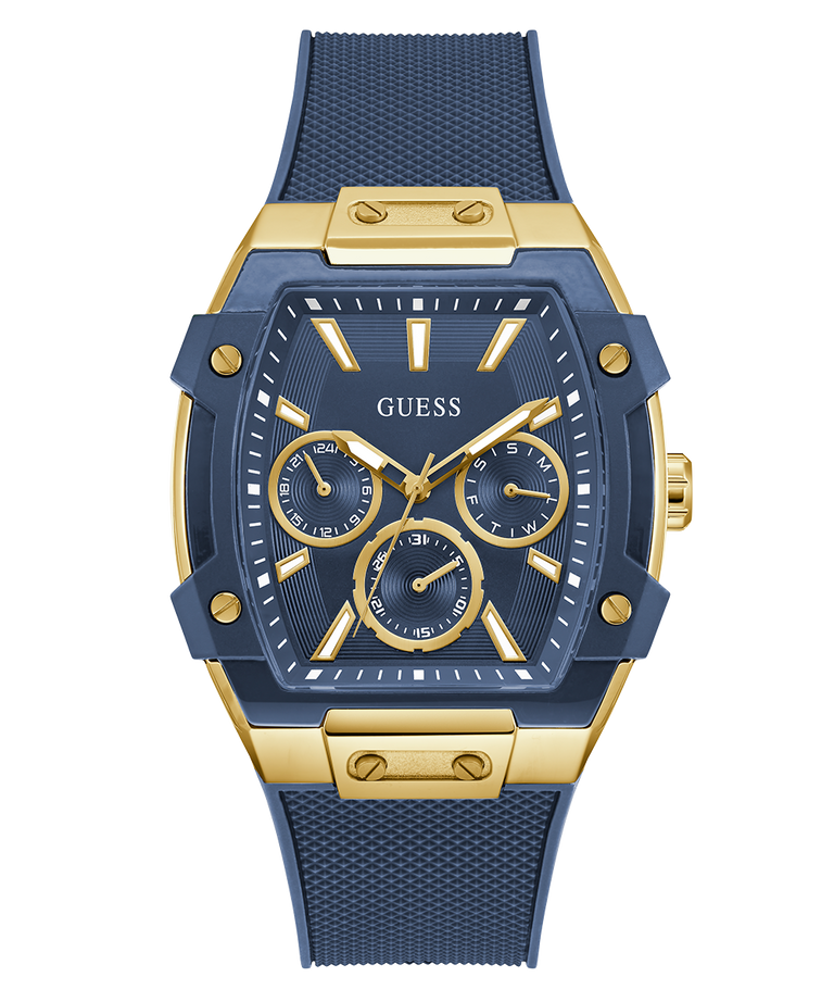 Blue and gold watch with 'Guess' branding on a white background