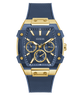 Blue and gold watch with 'Guess' branding on a white background