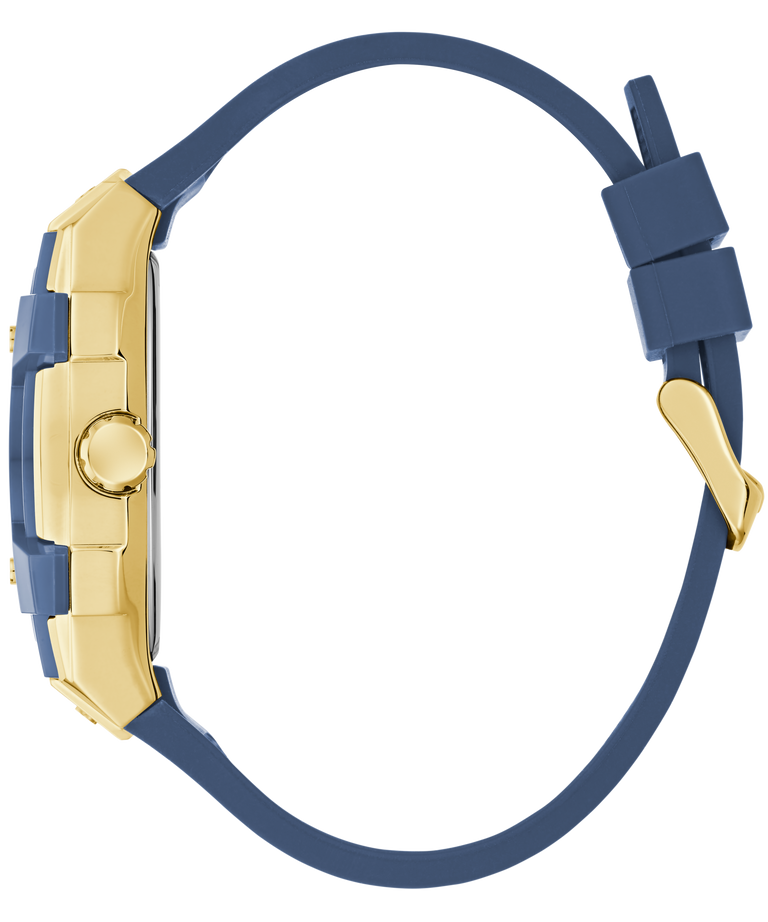 GUESS Mens Blue Gold Tone Analog Watch with blue strap and gold case on a white background