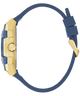GUESS Mens Blue Gold Tone Analog Watch with blue strap and gold case on a white background