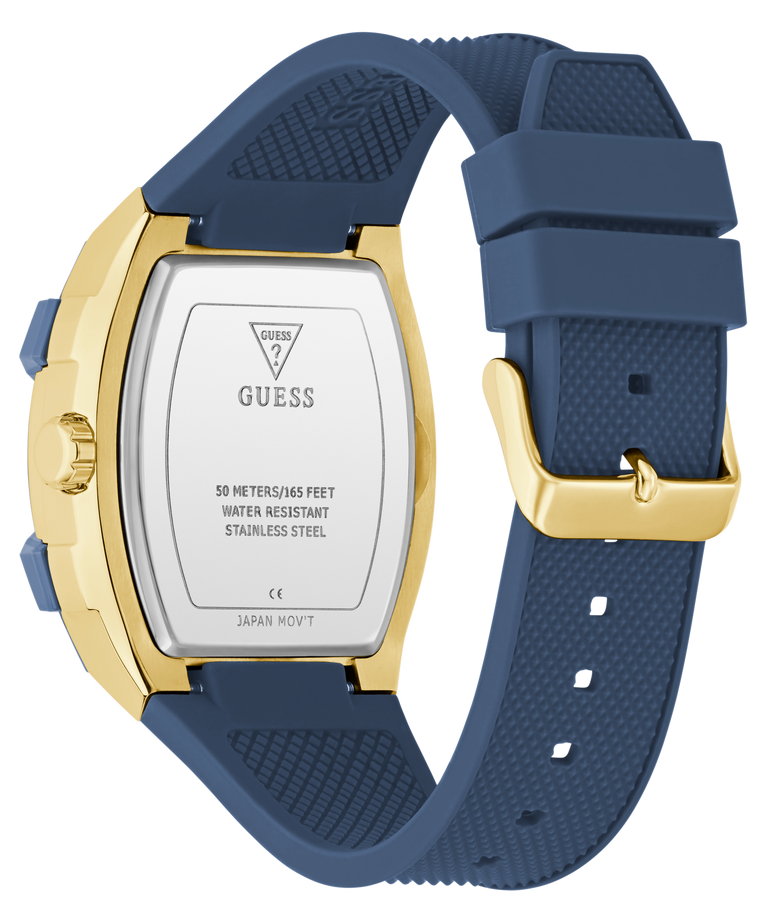 GUESS Mens Blue Gold Tone Analog Watch with blue strap and gold case on a white background