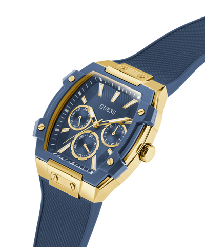 Blue and gold watch with 'GUESS' branding on a white background lifestyle