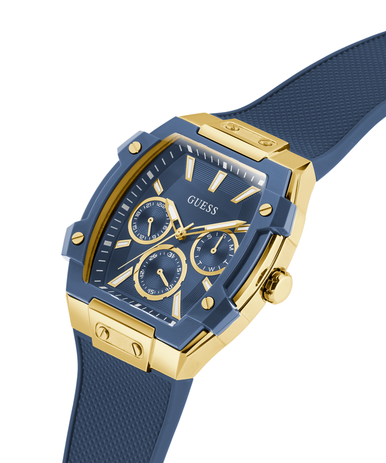 Blue and gold watch with 'GUESS' branding on a white background lifestyle