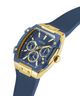 Blue and gold watch with 'GUESS' branding on a white background lifestyle