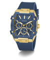 Blue and gold watch with Guess logo on a white background
