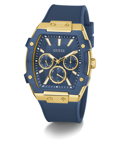 Blue and gold watch with Guess logo on a white background