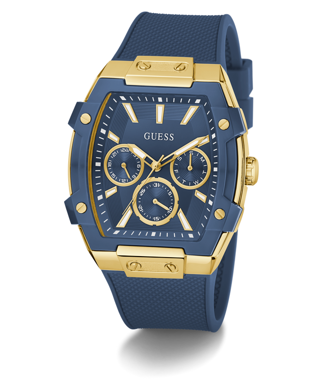 Blue and gold watch with Guess logo on a white background