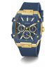Blue and gold watch with Guess logo on a white background