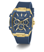 Blue and gold watch with Guess logo on a white background
