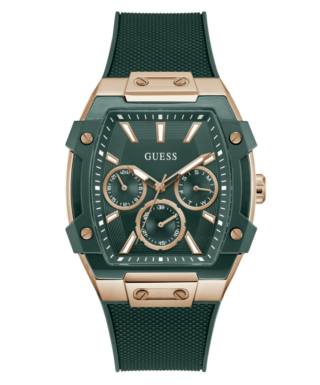Green and rose gold GUESS Mens Green Rose Gold Tone Multifunction Watch with Guess logo on a white background