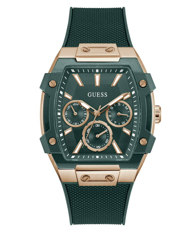 Green and rose gold GUESS Mens Green Rose Gold Tone Multifunction Watch with Guess logo on a white background