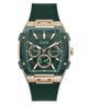 Green and rose gold GUESS Mens Green Rose Gold Tone Multifunction Watch with Guess logo on a white background