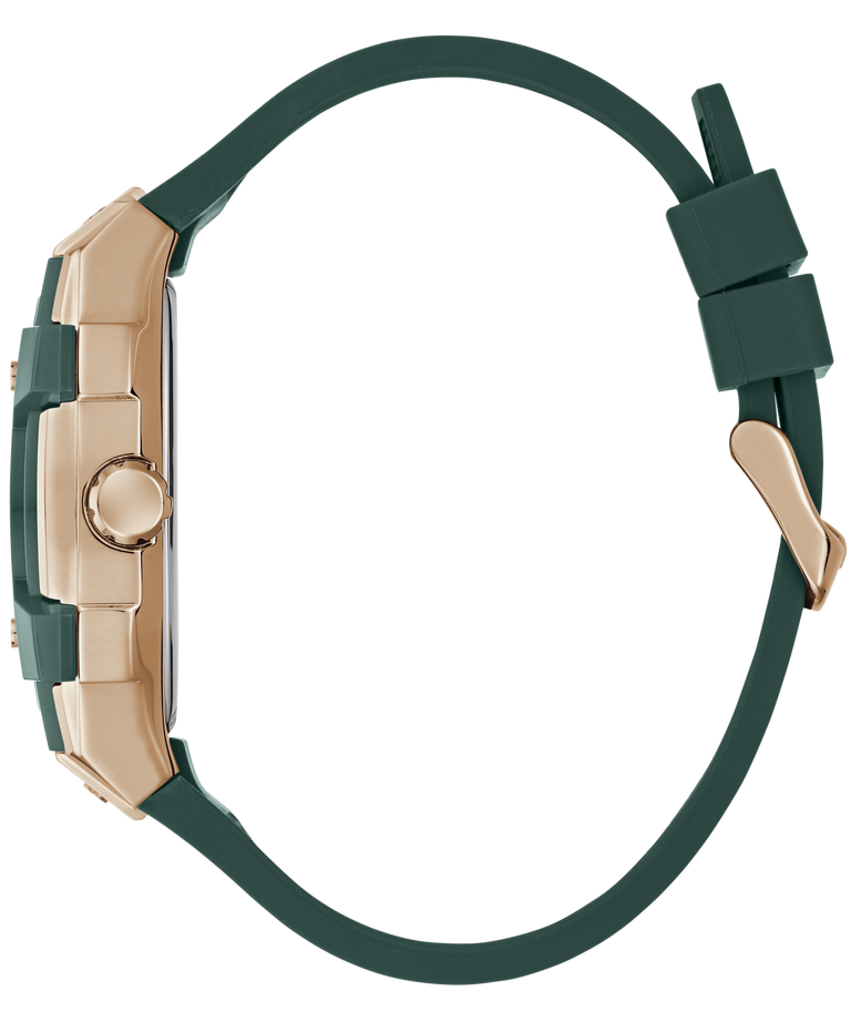 GUESS Mens Green Rose Gold Tone Multifunction Watch with green strap and rose gold case on a white background