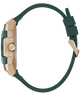 GUESS Mens Green Rose Gold Tone Multifunction Watch with green strap and rose gold case on a white background