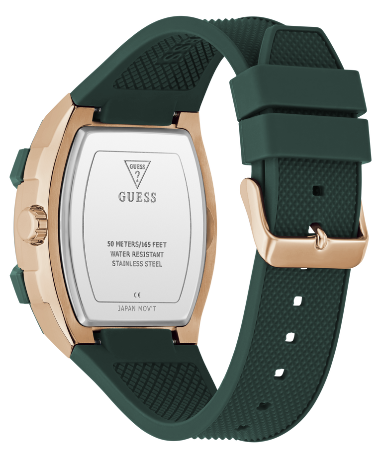 Green GUESS Mens Green Rose Gold Tone Multifunction Watch with rose gold case and band on a white background