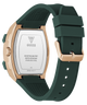 Green GUESS Mens Green Rose Gold Tone Multifunction Watch with rose gold case and band on a white background