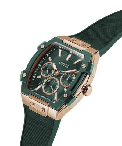 Green and rose gold watch with Guess branding on a white background lifestyle