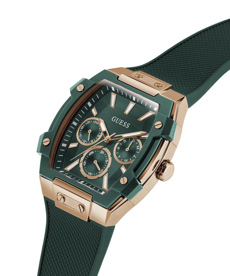 Green and rose gold watch with Guess branding on a white background lifestyle
