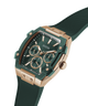 Green and rose gold watch with Guess branding on a white background lifestyle