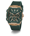 Green and rose gold watch with 'Guess' branding on a white background