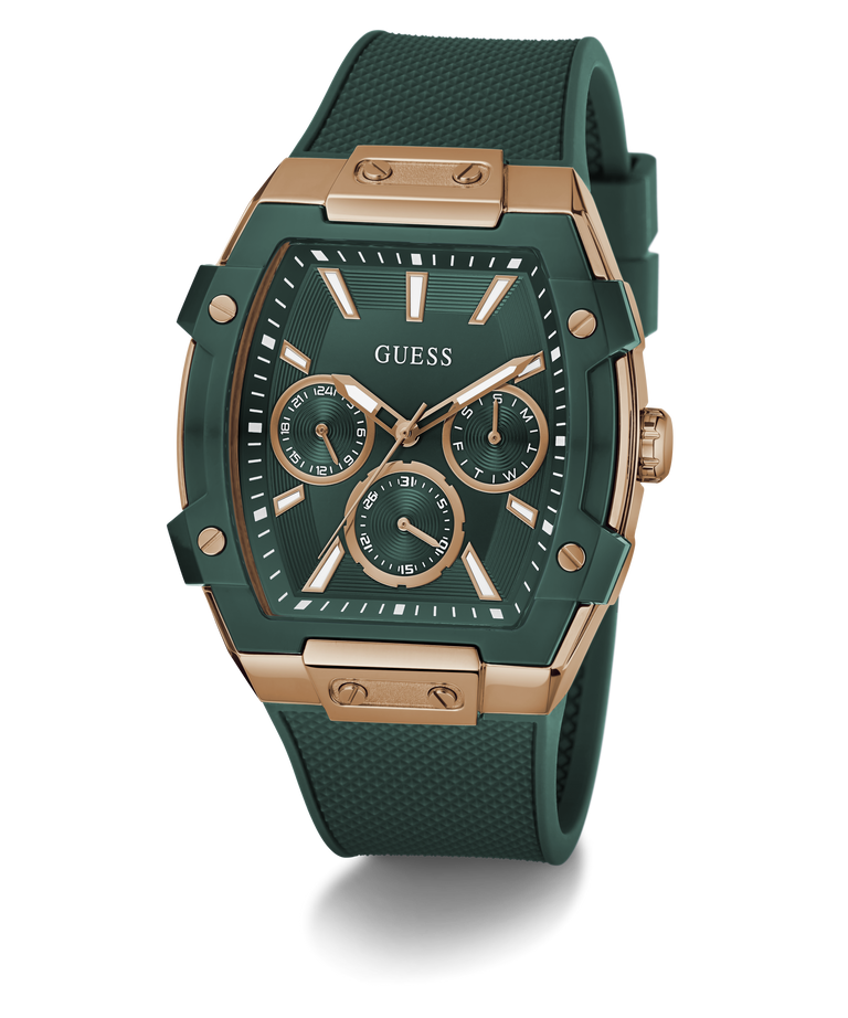 Green and rose gold watch with 'Guess' branding on a white background