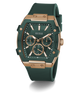 Green and rose gold watch with 'Guess' branding on a white background