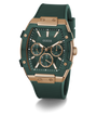 Green and rose gold watch with 'Guess' branding on a white background