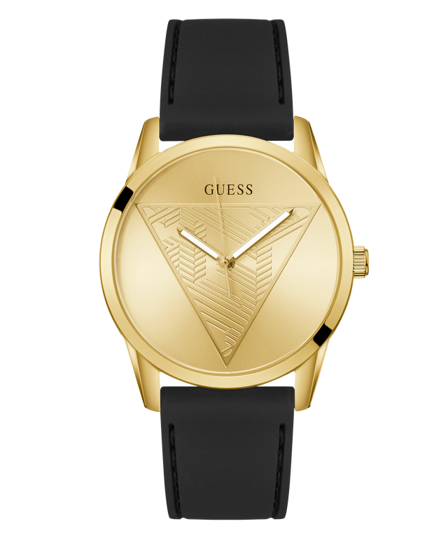 Gold GUESS Mens Black Gold Tone Multi-function Watch with black strap on a white background