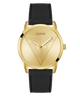 Gold GUESS Mens Black Gold Tone Multi-function Watch with black strap on a white background