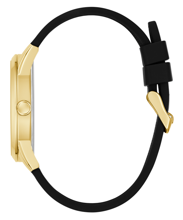 Gold-framed watch with black strap on a white background
