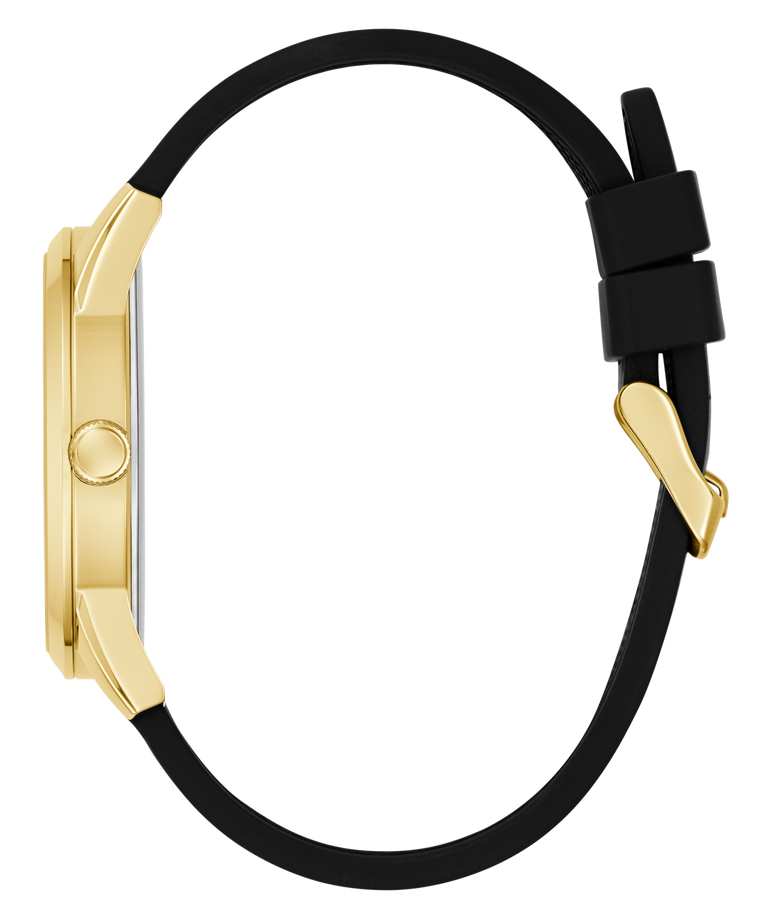 Gold-framed watch with black strap on a white background