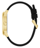 Gold-framed watch with black strap on a white background