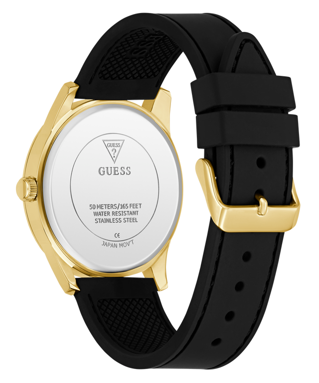 Black and gold GUESS Mens Black Gold Tone Multi-function Watch with visible brand logo on a white background