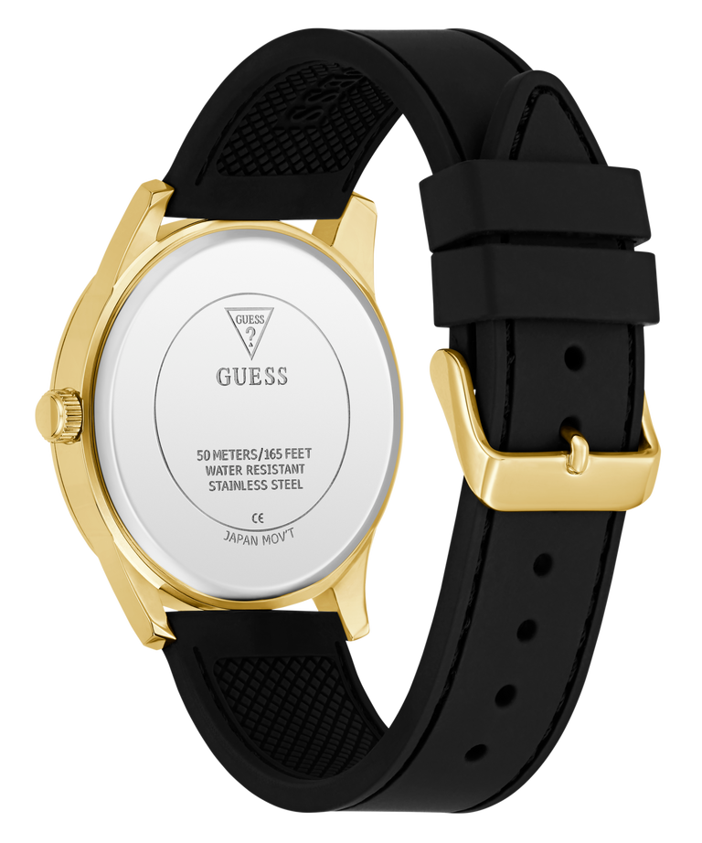 Black and gold GUESS Mens Black Gold Tone Multi-function Watch with visible brand logo on a white background