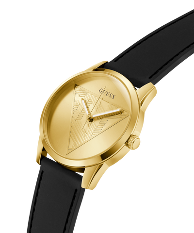 Gold GUESS Mens Black Gold Tone Multi-function Watch with black strap on a white background lifestyle