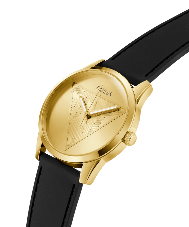 Gold GUESS Mens Black Gold Tone Multi-function Watch with black strap on a white background lifestyle