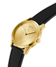 Gold GUESS Mens Black Gold Tone Multi-function Watch with black strap on a white background lifestyle