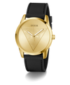 Gold GUESS Mens Black Gold Tone Multi-function Watch with black strap on a white background