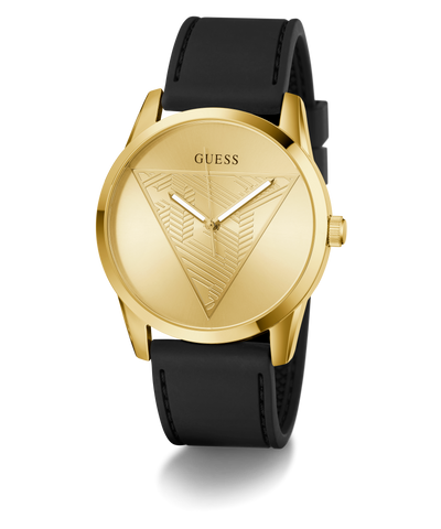 Gold GUESS Mens Black Gold Tone Multi-function Watch with black strap on a white background