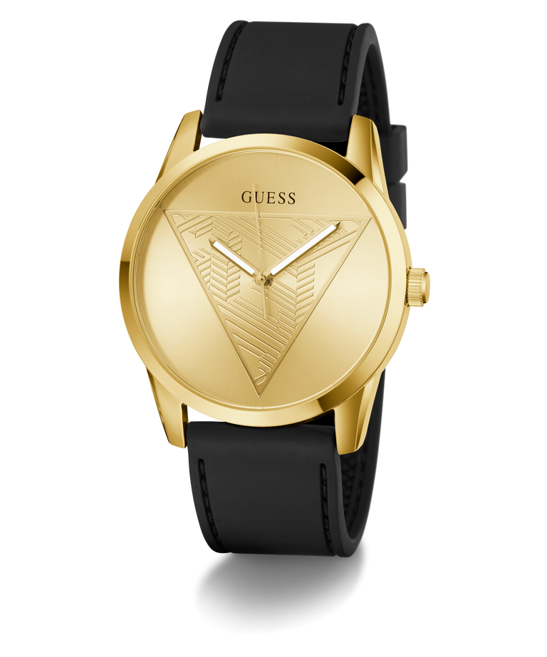 Gold GUESS Mens Black Gold Tone Multi-function Watch with black strap on a white background
