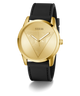 Gold GUESS Mens Black Gold Tone Multi-function Watch with black strap on a white background