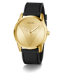 Gold GUESS Mens Black Gold Tone Multi-function Watch with black strap on a white background