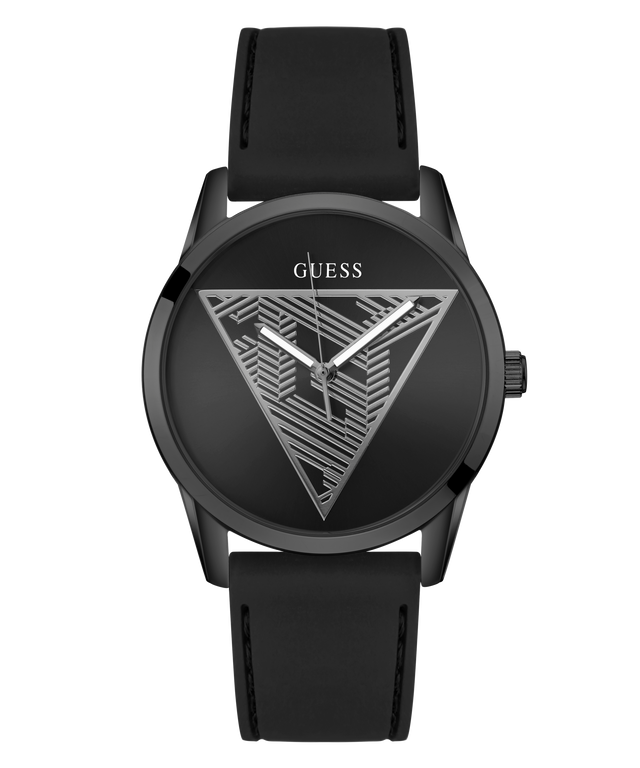 Black GUESS Mens Black Analog Watch with geometric design on the dial against a white background