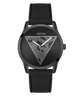 Black GUESS Mens Black Analog Watch with geometric design on the dial against a white background