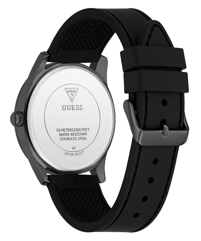 Black Guess GUESS Mens Black Analog Watch with a white dial on a white background