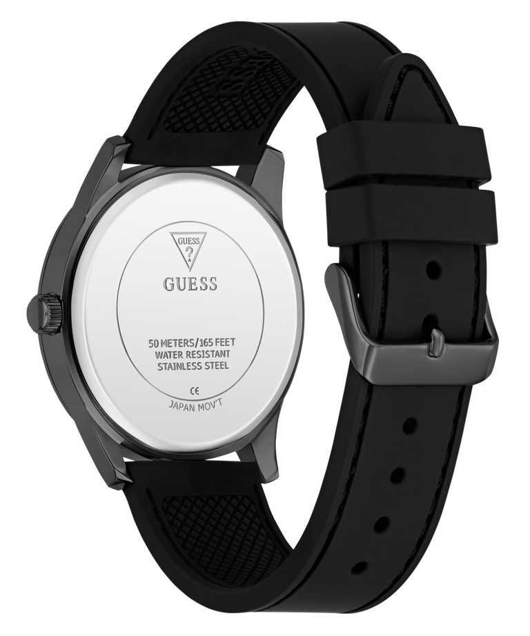 Black Guess GUESS Mens Black Analog Watch with a white dial on a white background