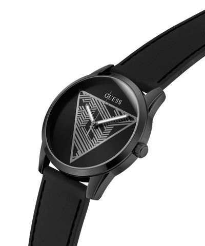 Black GUESS Mens Black Analog Watch with triangle design on the dial against a white background lifestyle