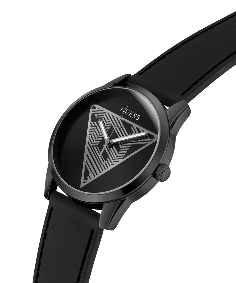 Black GUESS Mens Black Analog Watch with triangle design on the dial against a white background lifestyle