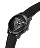 Black GUESS Mens Black Analog Watch with triangle design on the dial against a white background lifestyle